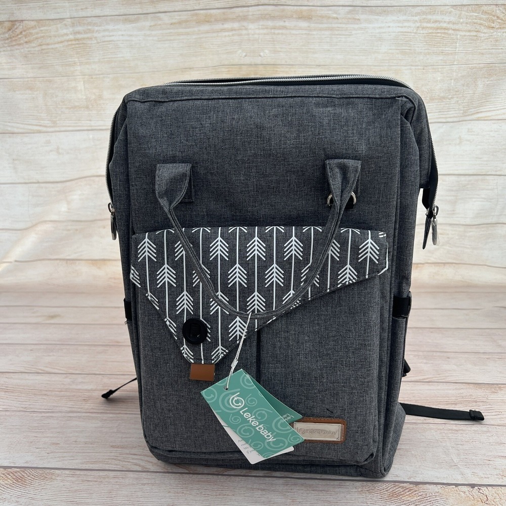 Lekebaby NWT Gray Arrow Pattern Diaper Bag Backpack Wide Open Travel Large